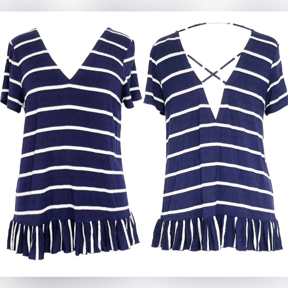 Revolve Chaser Striped Navy Ruffle Hem Short Sleeve Tunic Strappy Nautical Top M
